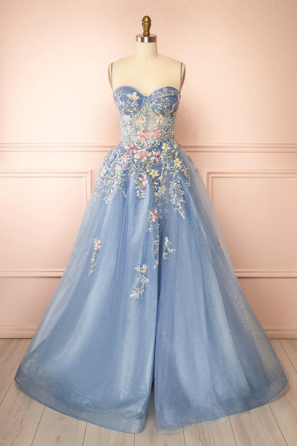 Cecily Crystal Embroidered Blue Ball Gown Dress | Boutique 1861 front view