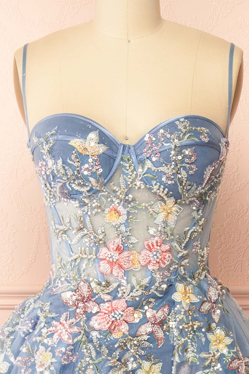 Cecily Crystal Embroidered Blue Ball Gown Dress | Boutique 1861 front view