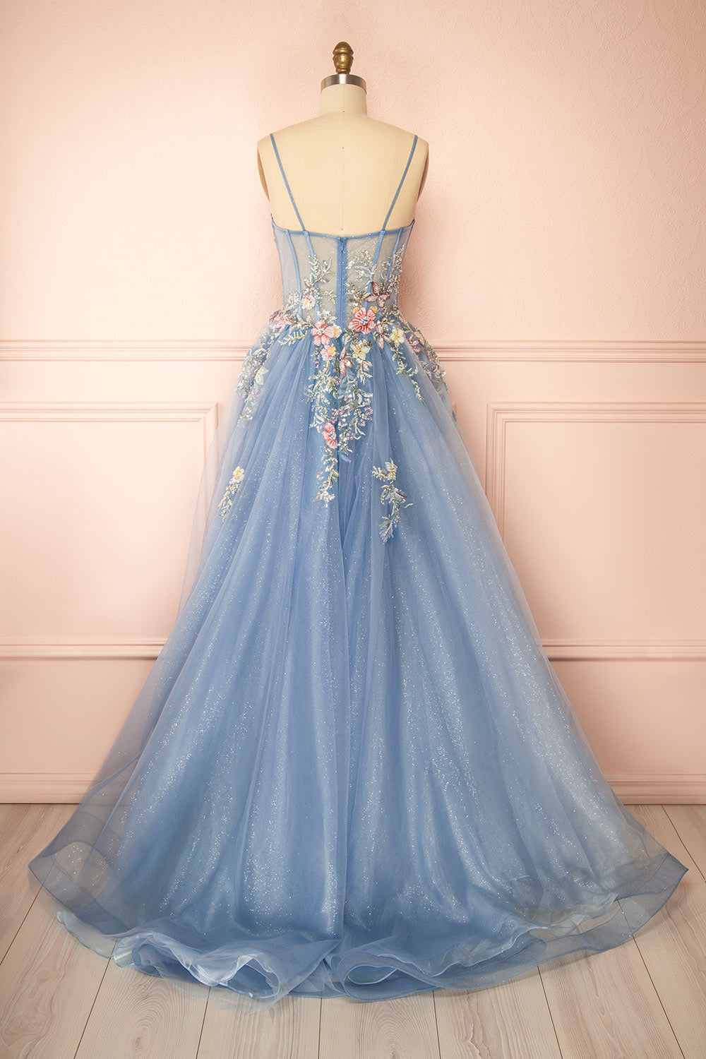 Cecily Crystal Embroidered Blue Ball Gown Dress | Boutique 1861 back view