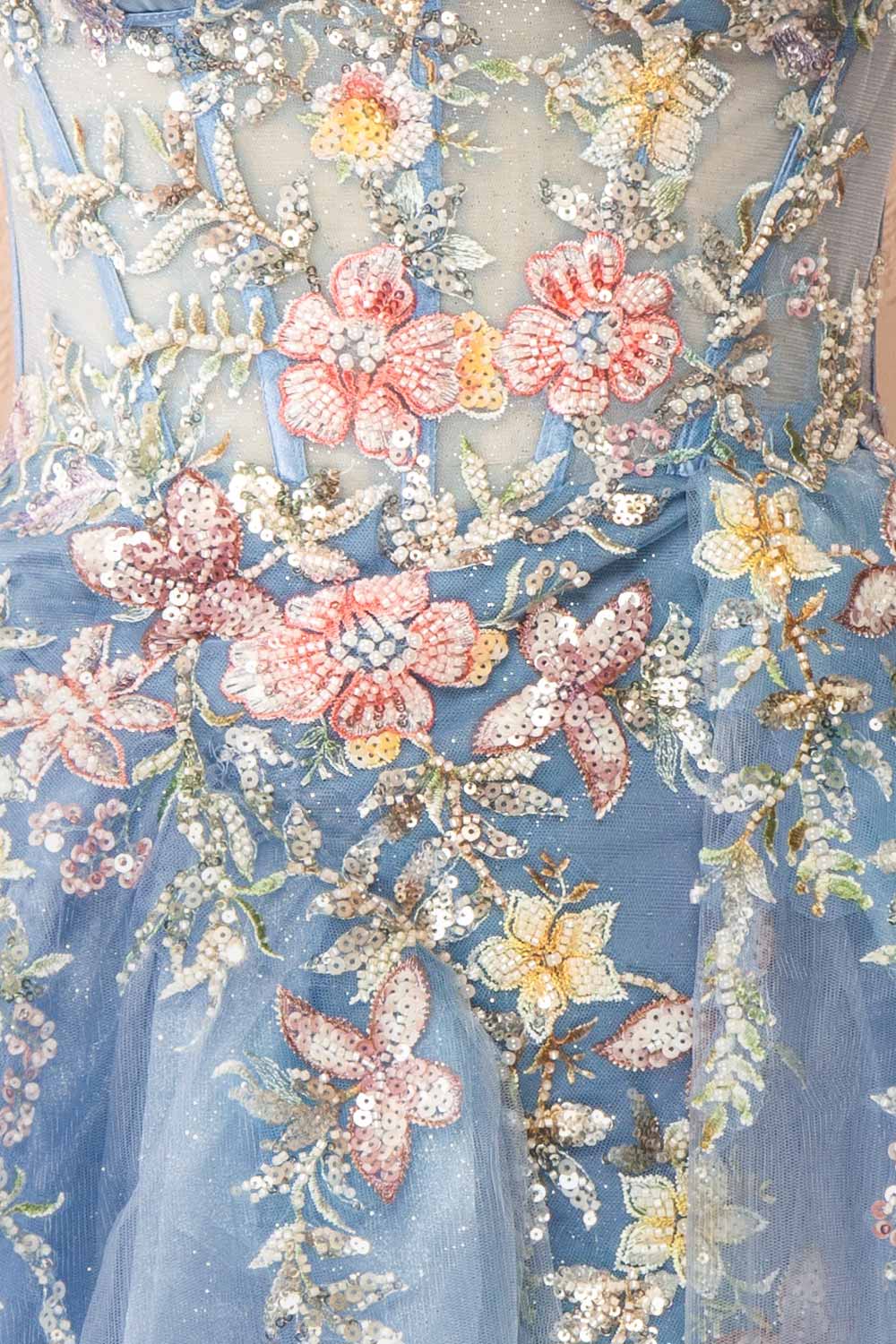 Cecily Crystal Embroidered Blue Ball Gown Dress | Boutique 1861 fabric 