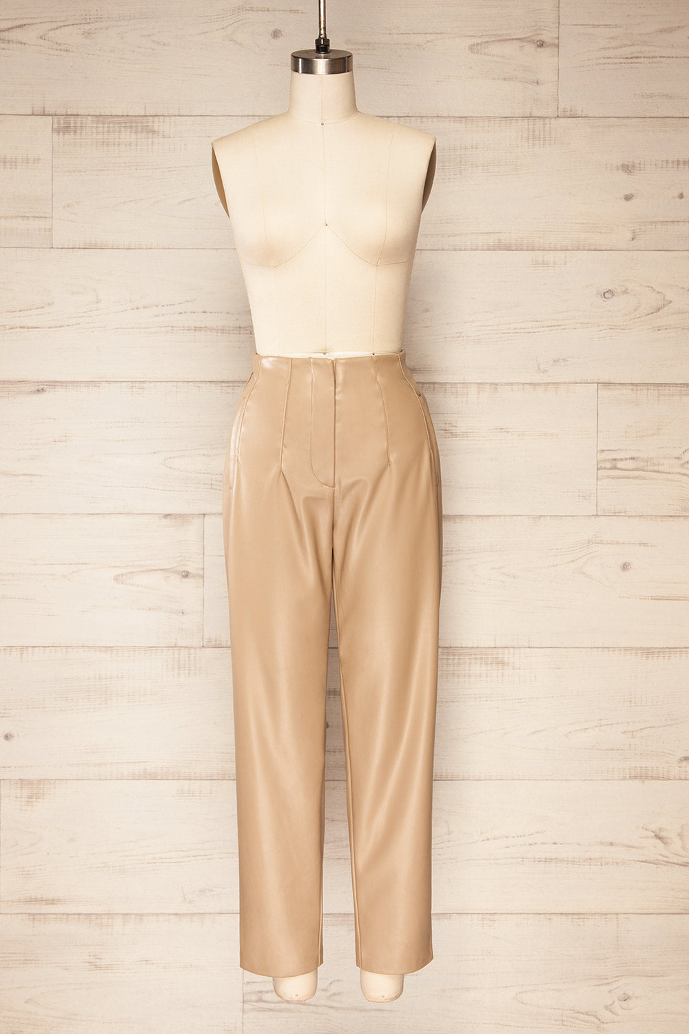 High Rise Wide Leg Leather Pants in Beige