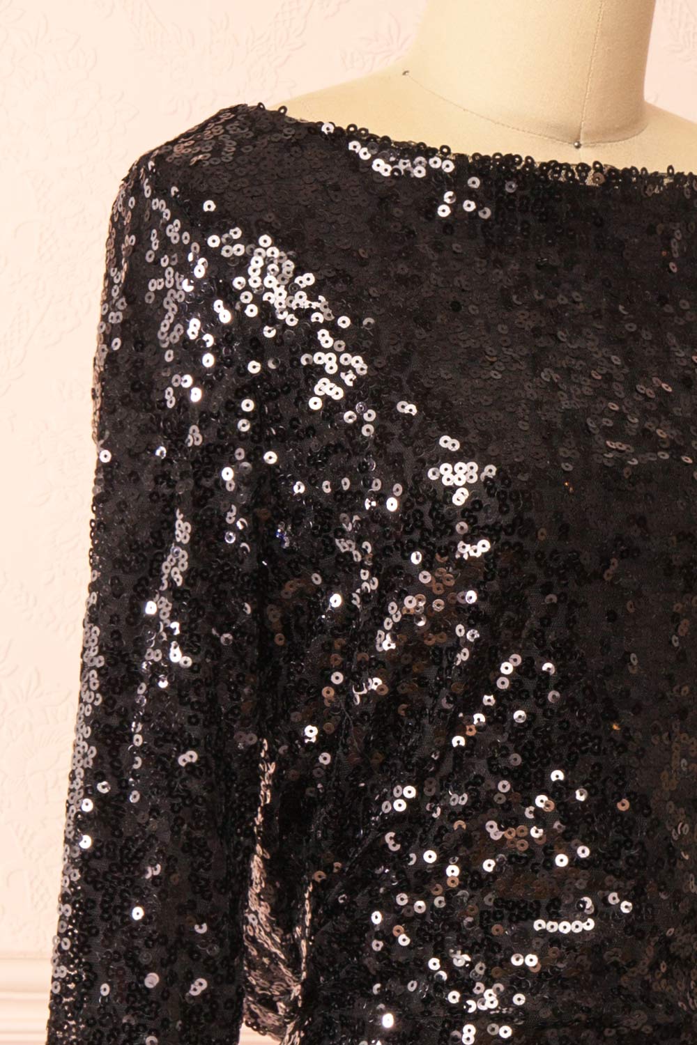 Ceferina Short Black Sequin Dress w/ Low-Draped Back | Boutique 1861 side close-up