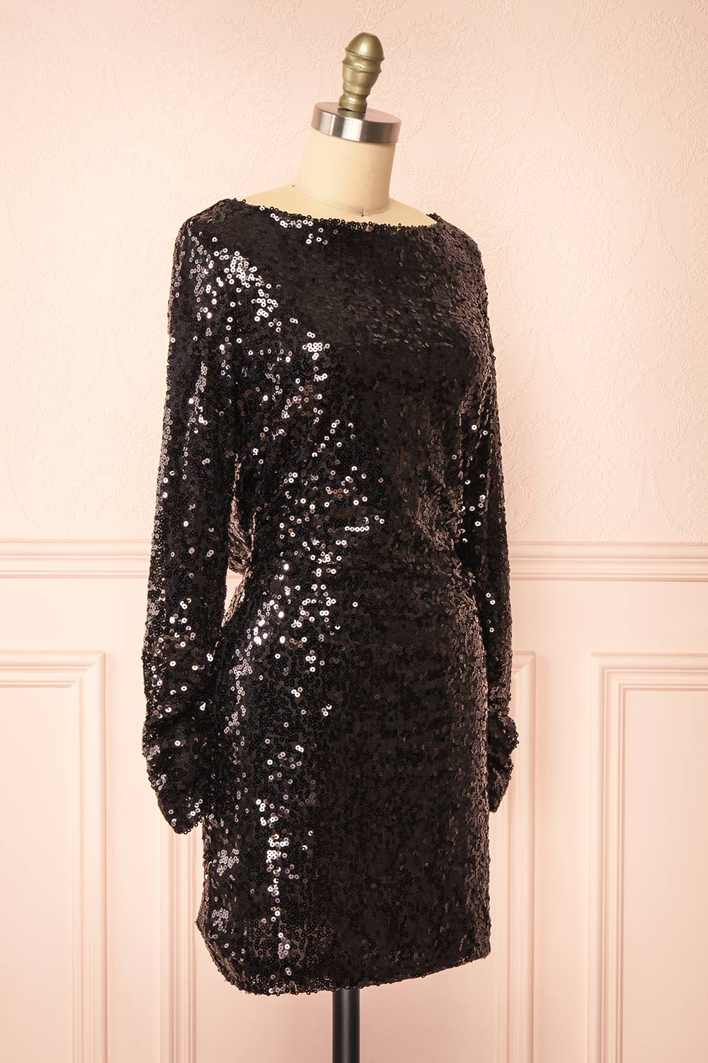 Ceferina Short Black Sequin Dress w/ Low-Draped Back | Boutique 1861 side view