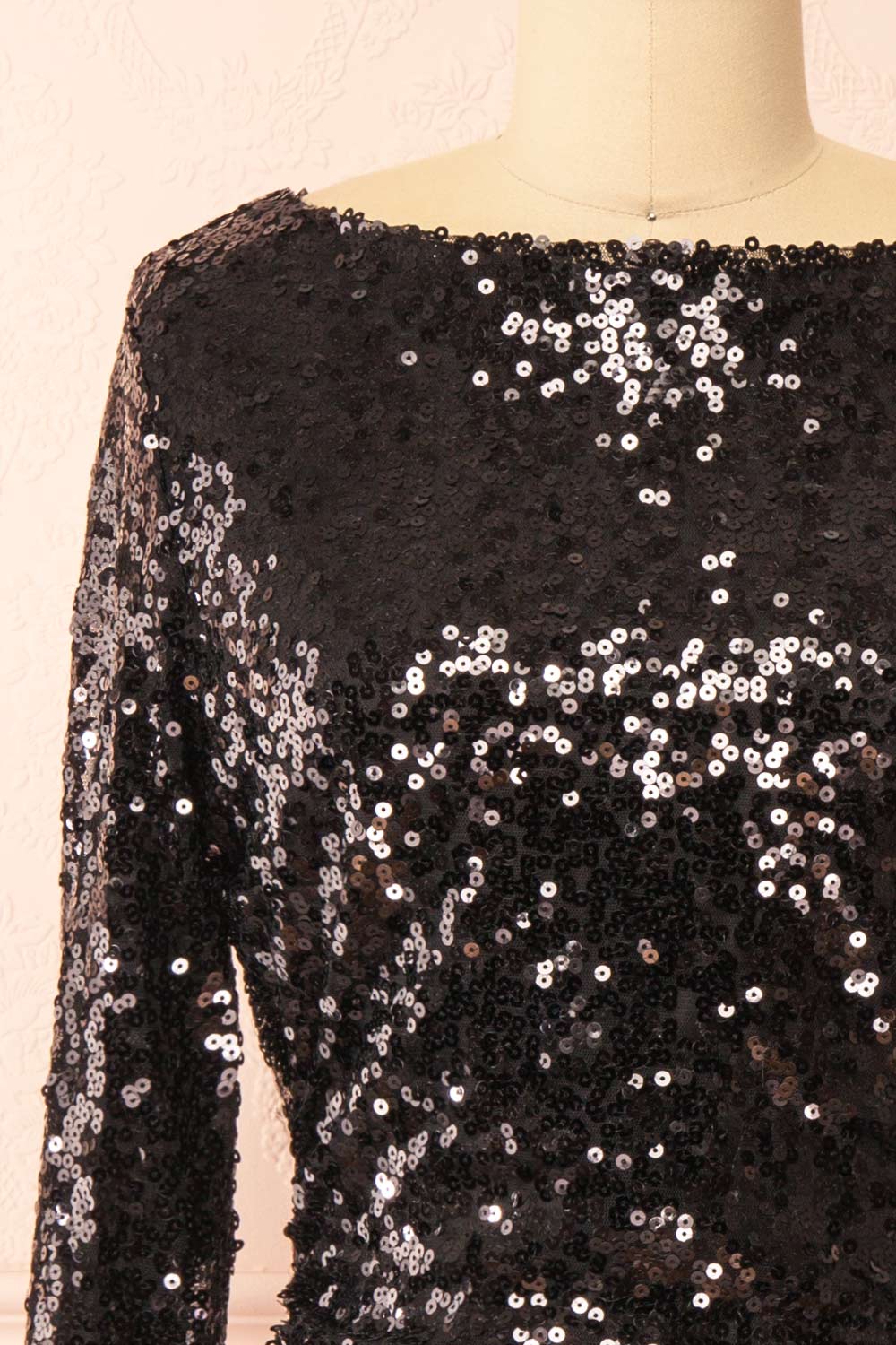 Ceferina Short Black Sequin Dress w/ Low-Draped Back | Boutique 1861 front close-up