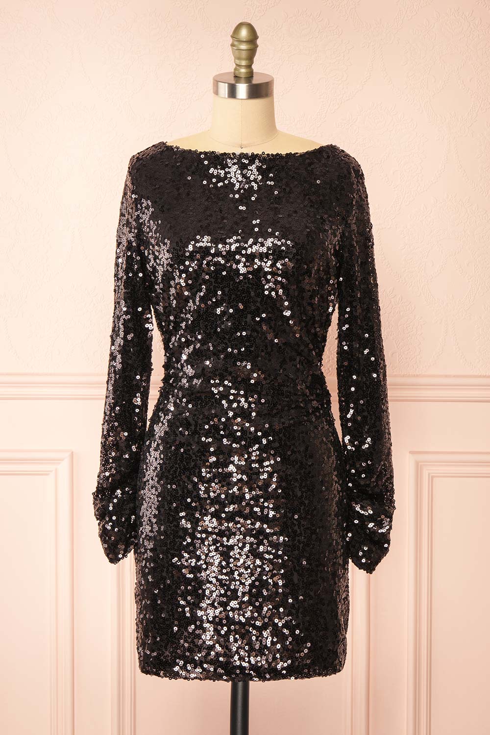 Ceferina Short Black Sequin Dress w/ Low-Draped Back | Boutique 1861 front view
