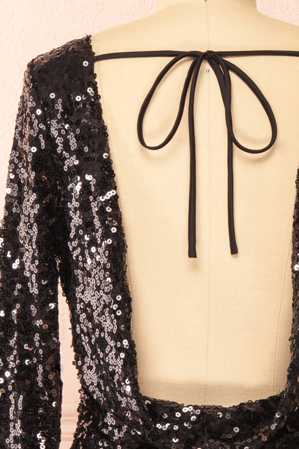 Ceferina Short Black Sequin Dress w/ Low-Draped Back | Boutique 1861 back close-up