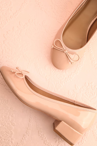 Celastina Blush Heeled Ballet Shoes w/ Bow | Boutique 1861 flat view