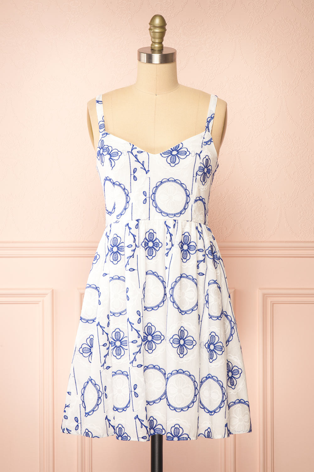 Celena Short White Dress w/ Blue Embroidery | Boutique 1861 front view