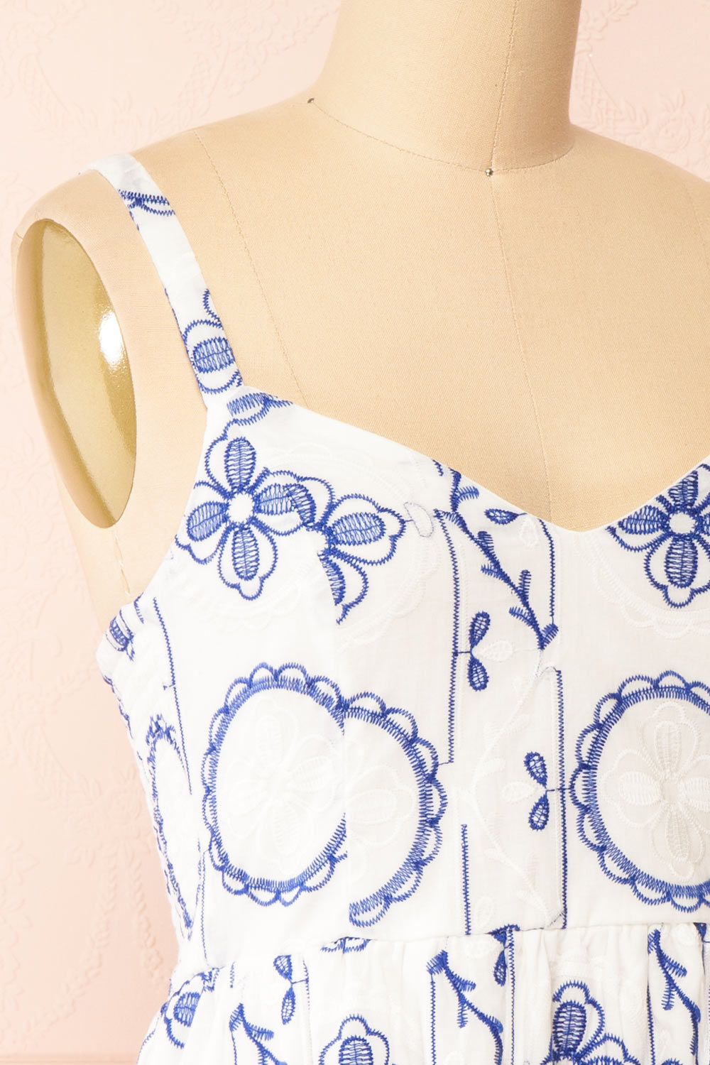 Celena Short White Dress w/ Blue Embroidery | Boutique 1861  side