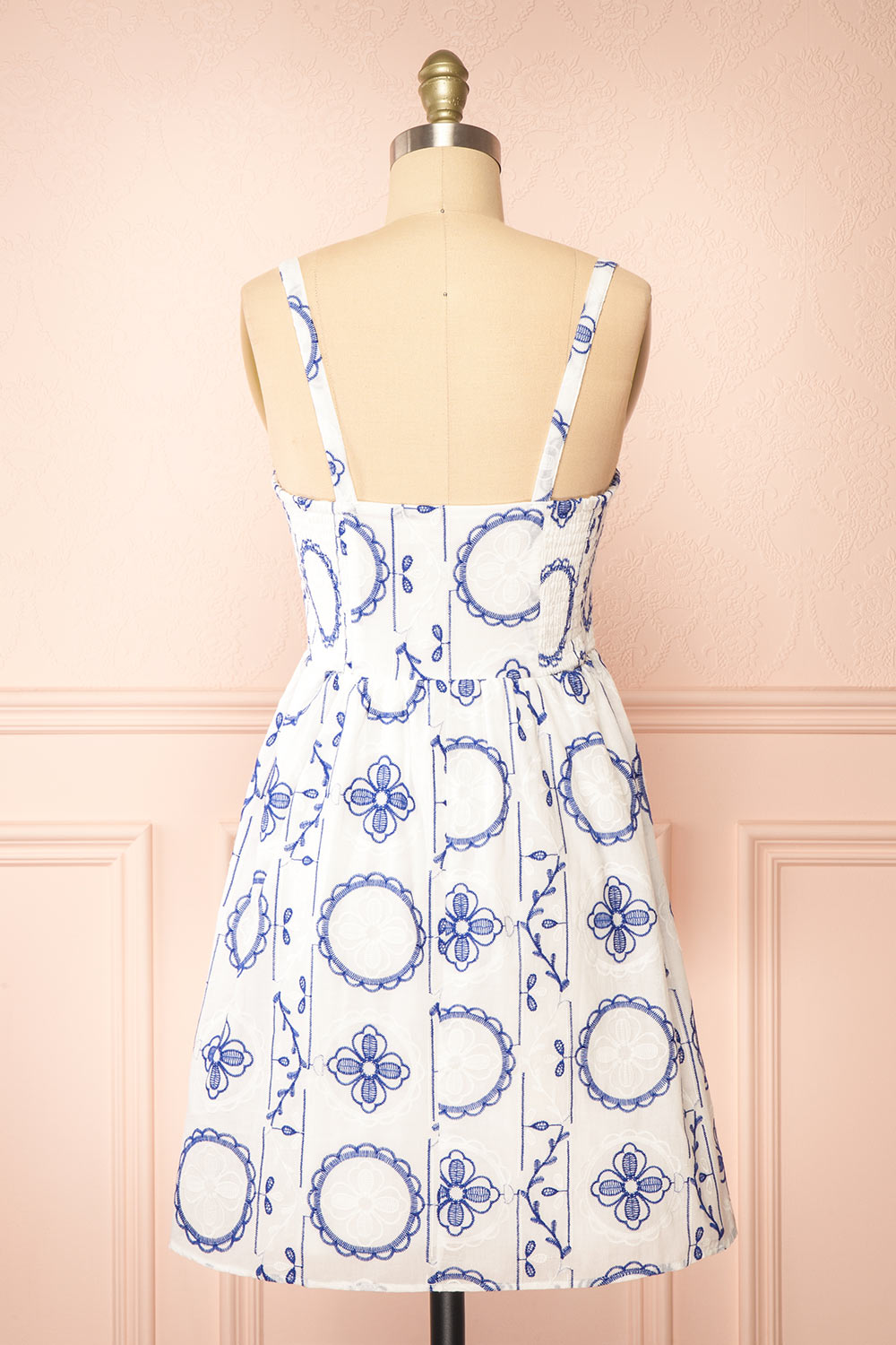 Celena Short White Dress w/ Blue Embroidery | Boutique 1861 back view