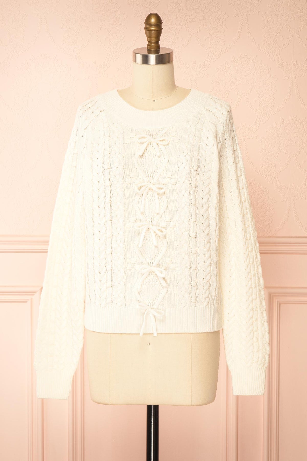 front view Celesia Ivory Knit Sweater with Bows at Boutique 1861