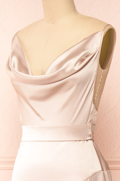 Celestielle Champagne Cowl Neck Satin Maxi Dress | Boutique 1861 side close-up