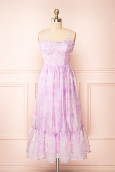 Celestine Lilac Watercolor Print Bustier Midi Dress | Boutique 1861 front strap view