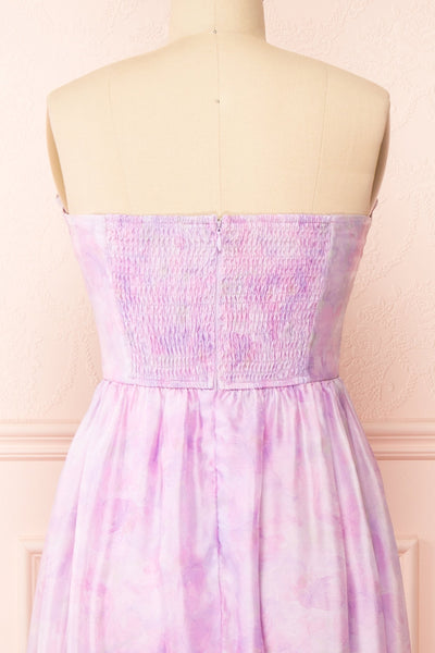 Celestine Lilac Watercolor Print Bustier Midi Dress | Boutique 1861 back close-up