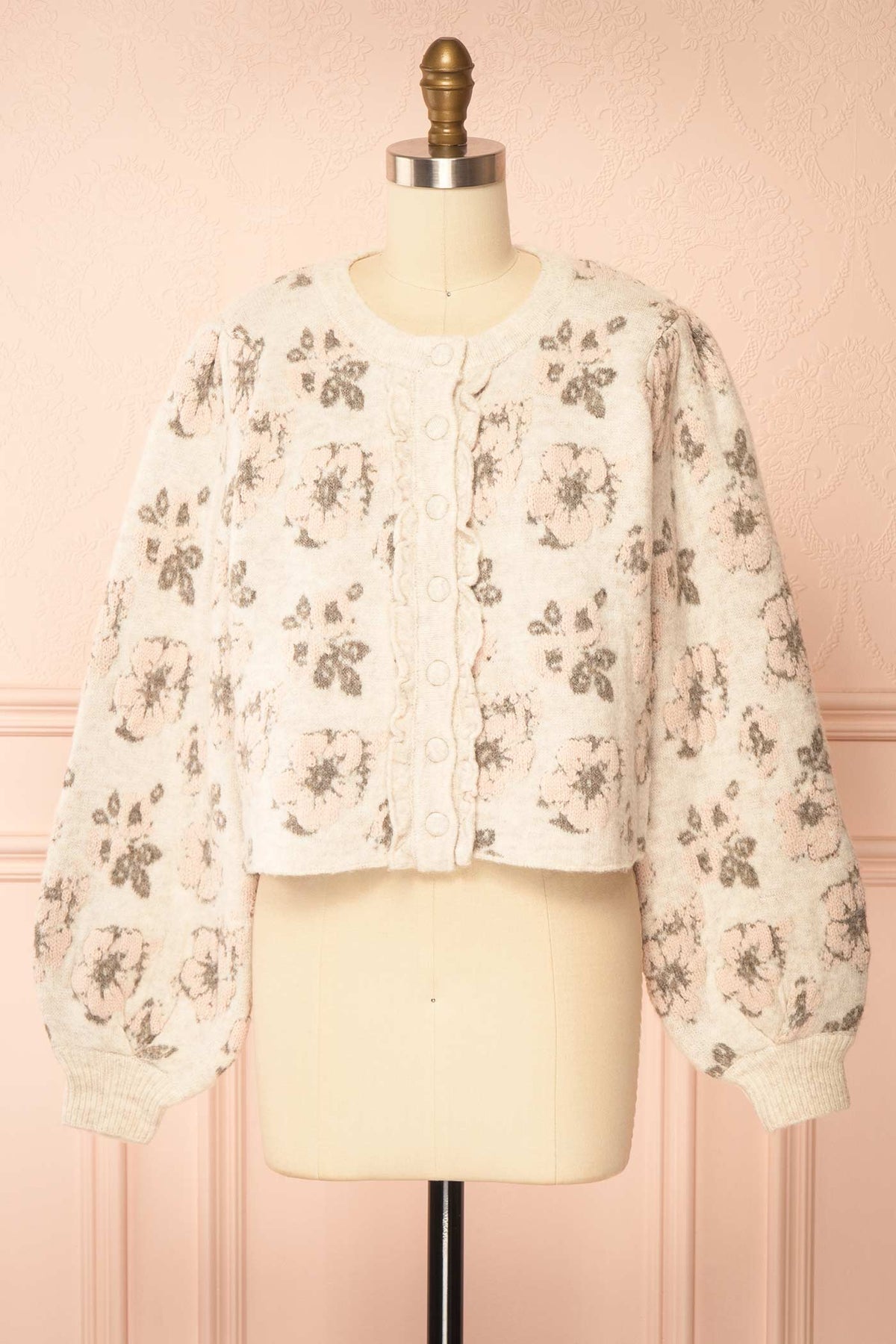 front view of Celvina Beige Floral Cropped Cardigan at Boutique 1861