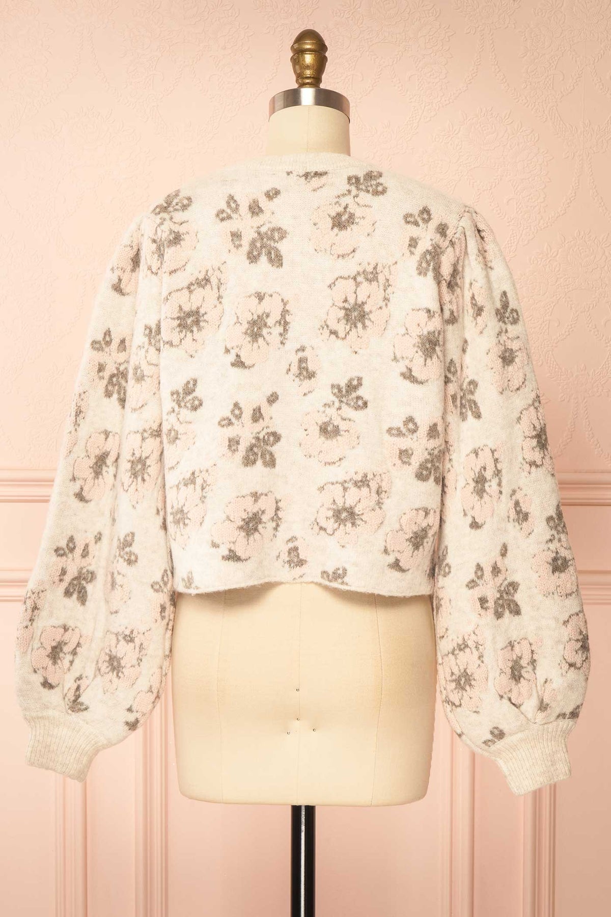 back view of Celvina Beige Floral Cropped Cardigan at Boutique 1861