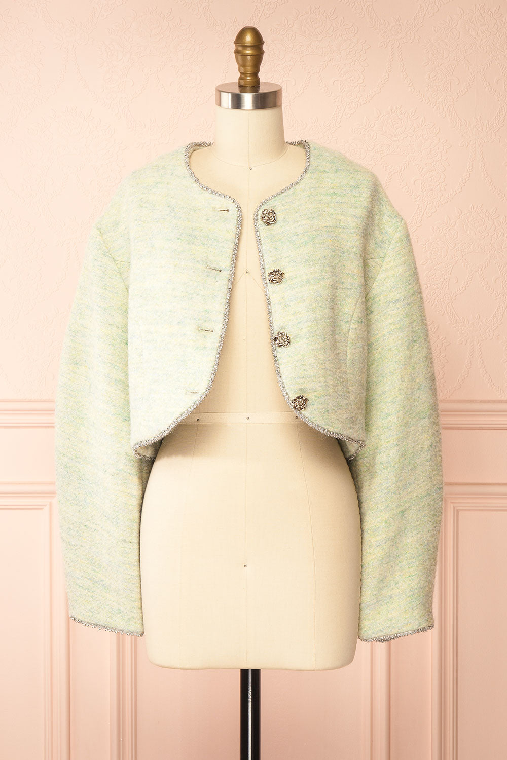 Cendrine Sage Tweed Blazer with Ample Sleeves | Boutique 1861 open view