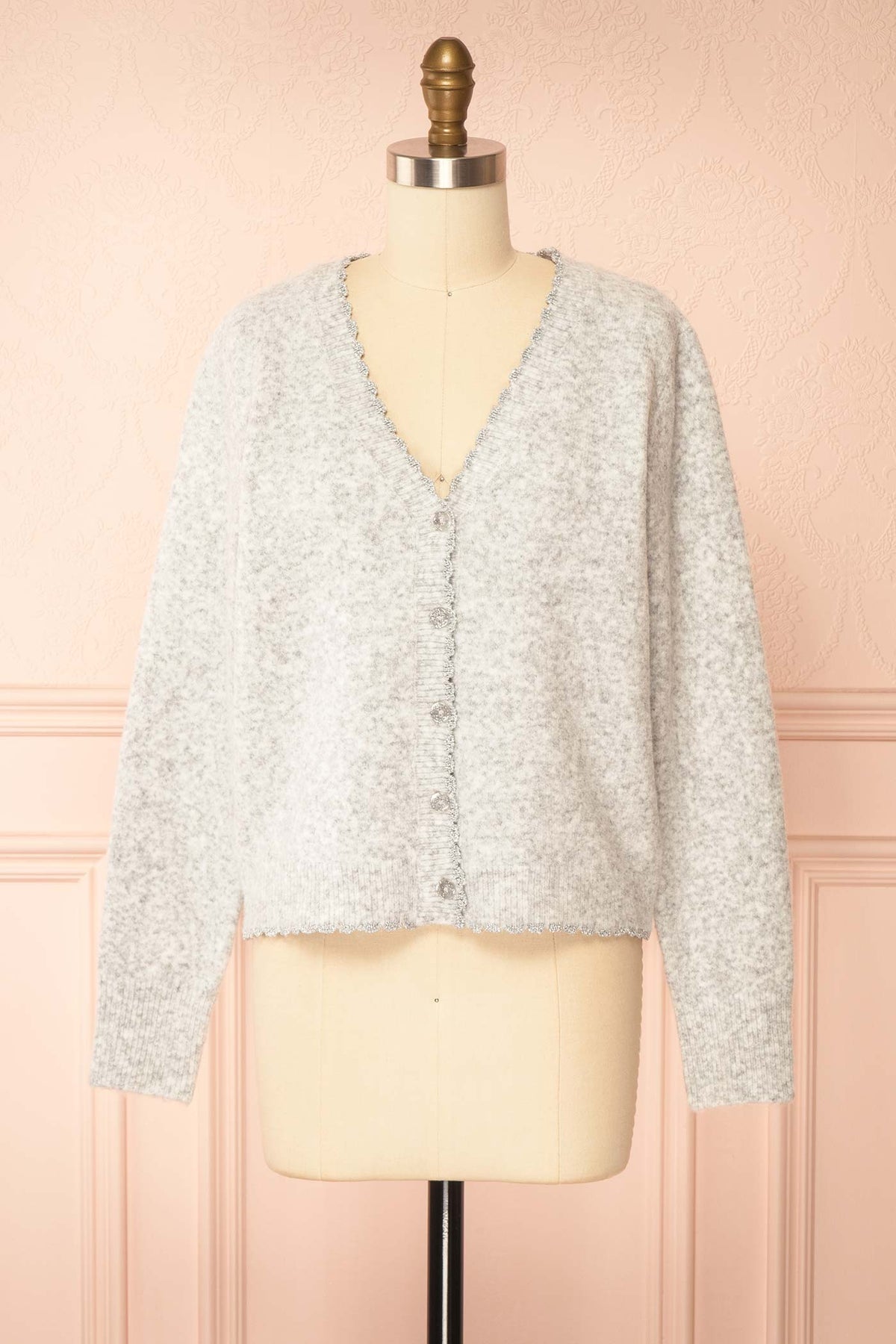 front view of Ceranie Grey Scallop Trim Button-Front Knit Cardigan at La petite garçonne