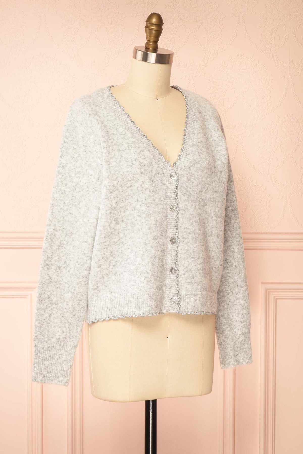 side view of Ceranie Grey Scallop Trim Button-Front Knit Cardigan at La petite garçonne