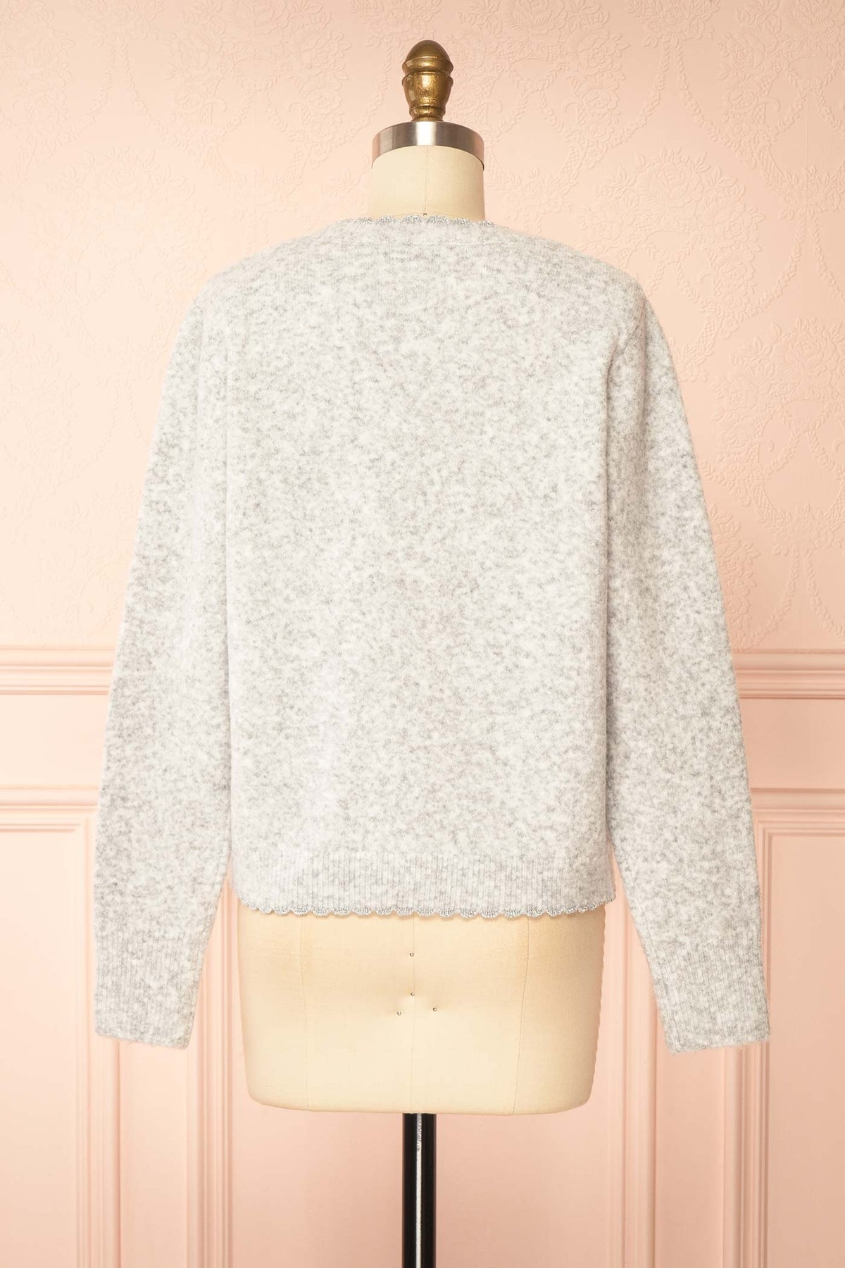 back view of Ceranie Grey Scallop Trim Button-Front Knit Cardigan at La petite garçonne