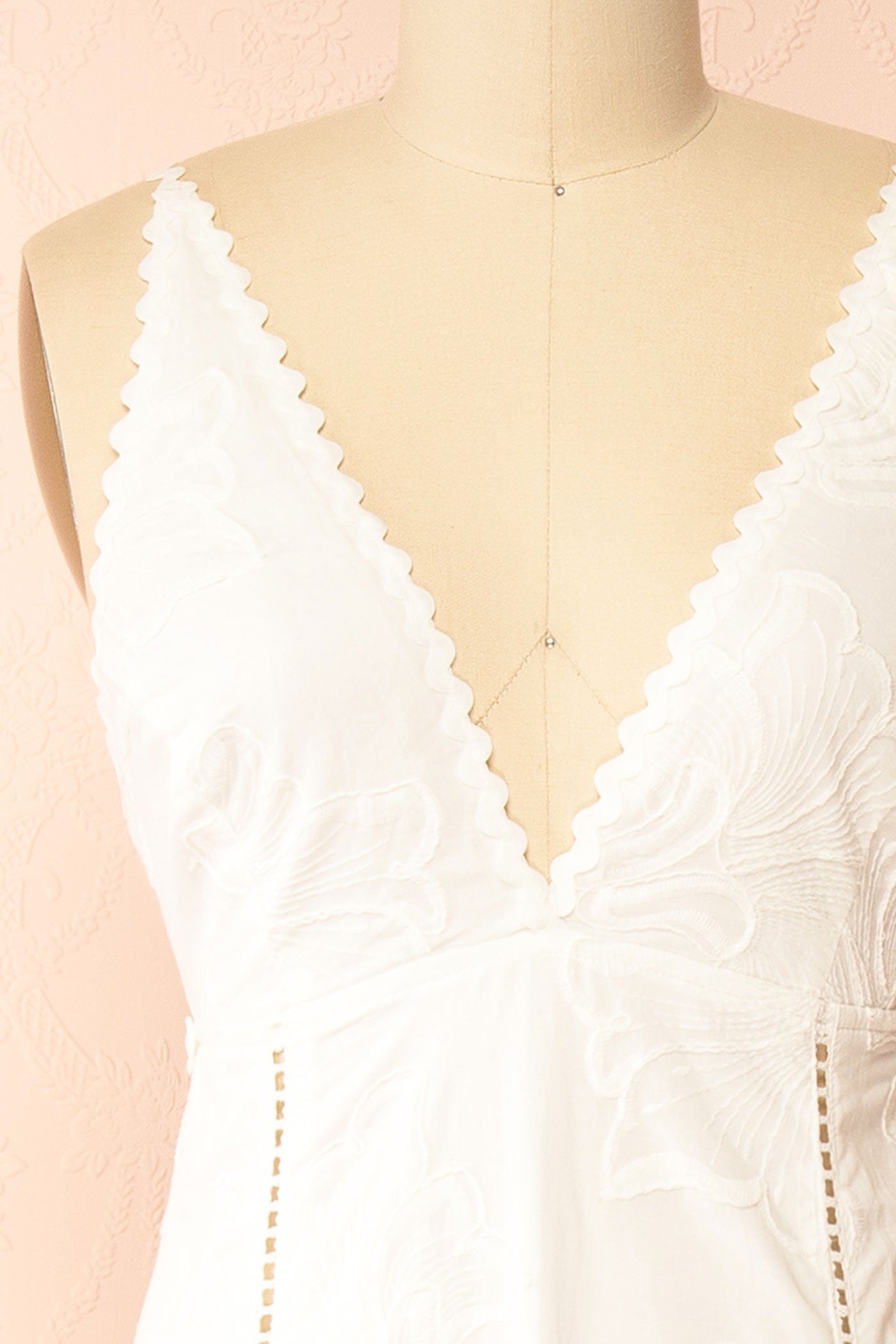 Close-up view Cereus Embroidered White Maxi Dress with Open Back at Boudoir 1861