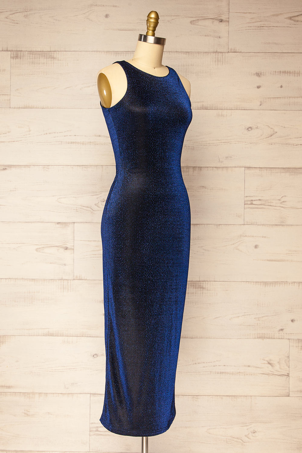 Certika Sparkly Navy Mesh Maxi Dress | La petite garçonne side view