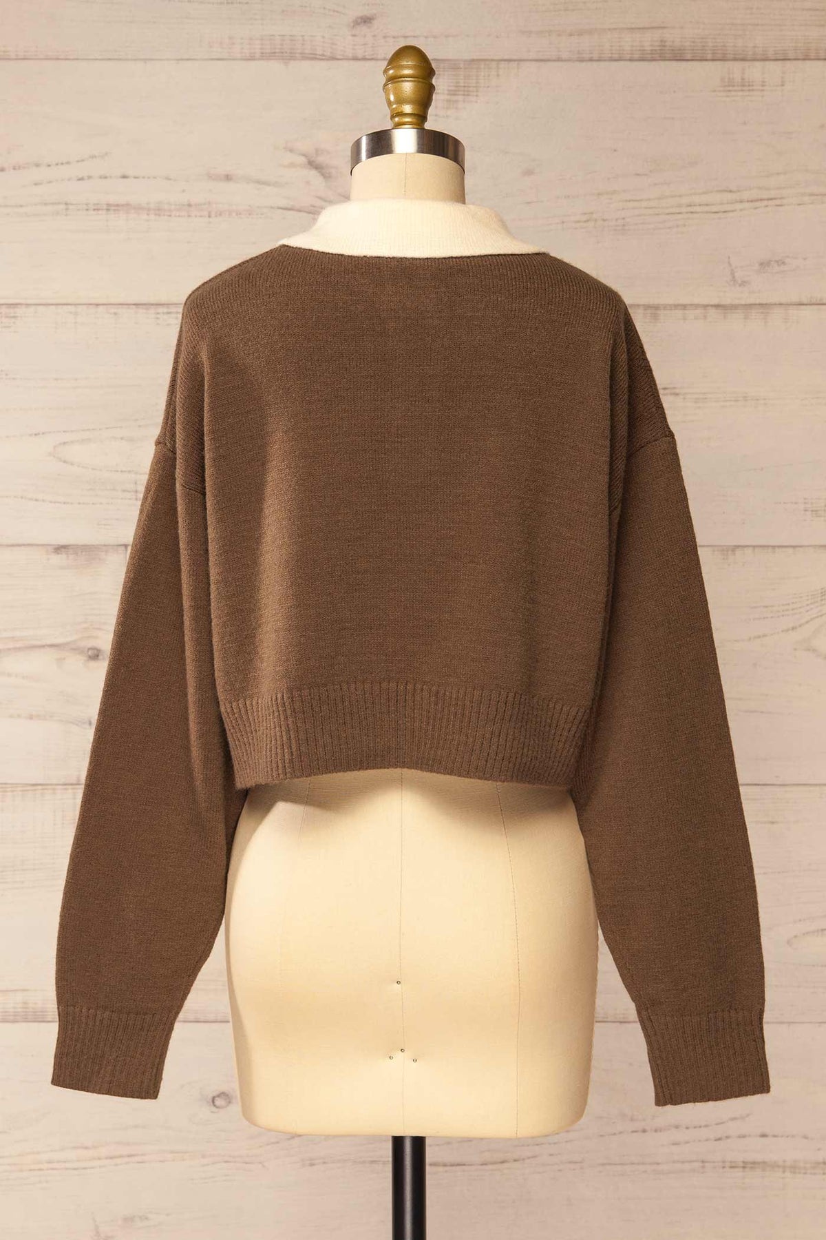 back view of Challuy Brown Cropped Polo Knit Sweater with Contrast at La petite garçonne