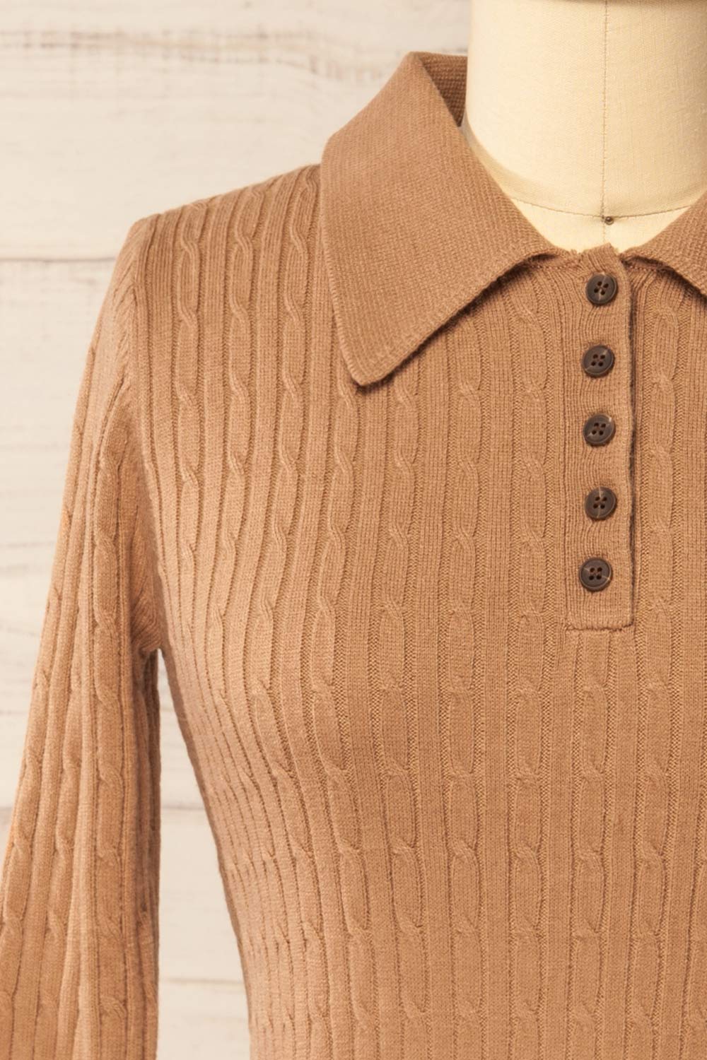 Charaundi Caramel Long Sleeve Collared Knit Top | La petite garçonne front
