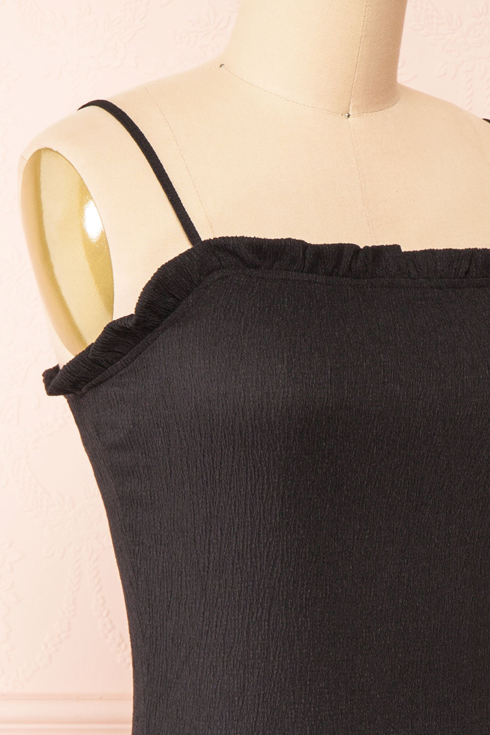 Chevy Black Fitted Short Dress w/ Ruffles | Boutique 1861 side close-up