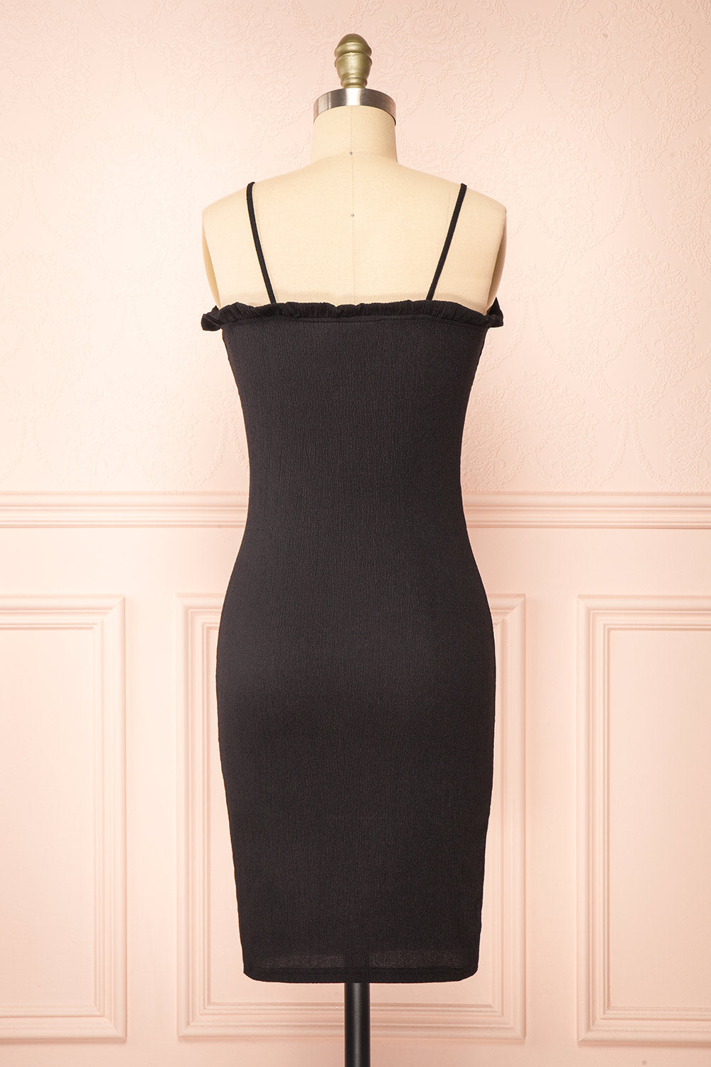 Chevy Black Fitted Short Dress w/ Ruffles | Boutique 1861 back view