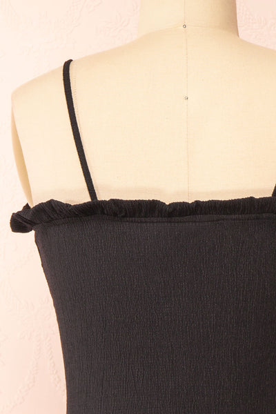 Chevy Black Fitted Short Dress w/ Ruffles | Boutique 1861 back close-up