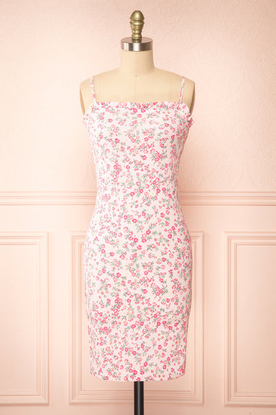 Chevy Pink Fitted Floral Short Dress w/ Ruffles | Boutique 1861 front view