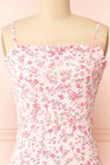 Chevy Pink Fitted Floral Short Dress w/ Ruffles | Boutique 1861 front close-up