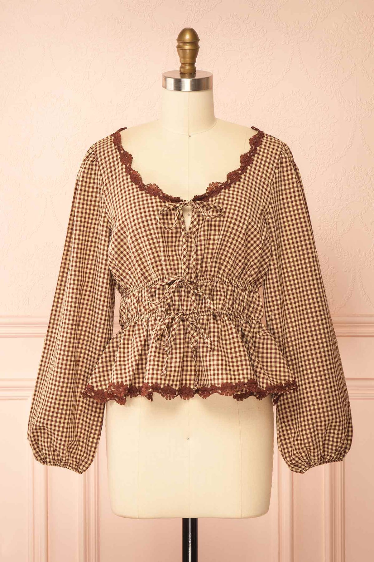 Chigusa Brown Gingham Lace-Trim Peplum Blouse with Front Tie | Boutique 1861