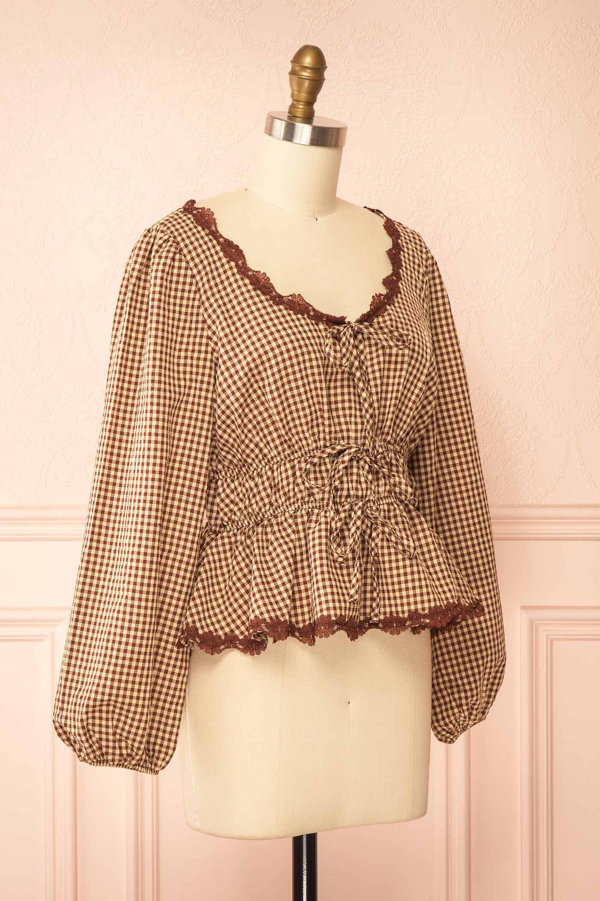 side Chigusa Brown Gingham Lace-Trim Peplum Blouse with Front Tie | Boutique 1861
