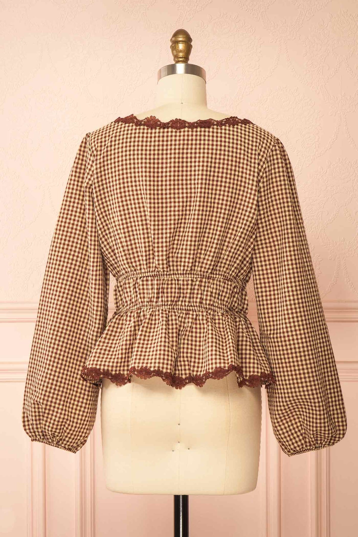 back Chigusa Brown Gingham Lace-Trim Peplum Blouse with Front Tie | Boutique 1861