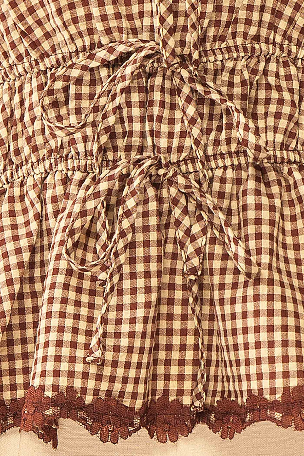 fabric Chigusa Brown Gingham Lace-Trim Peplum Blouse with Front Tie | Boutique 1861