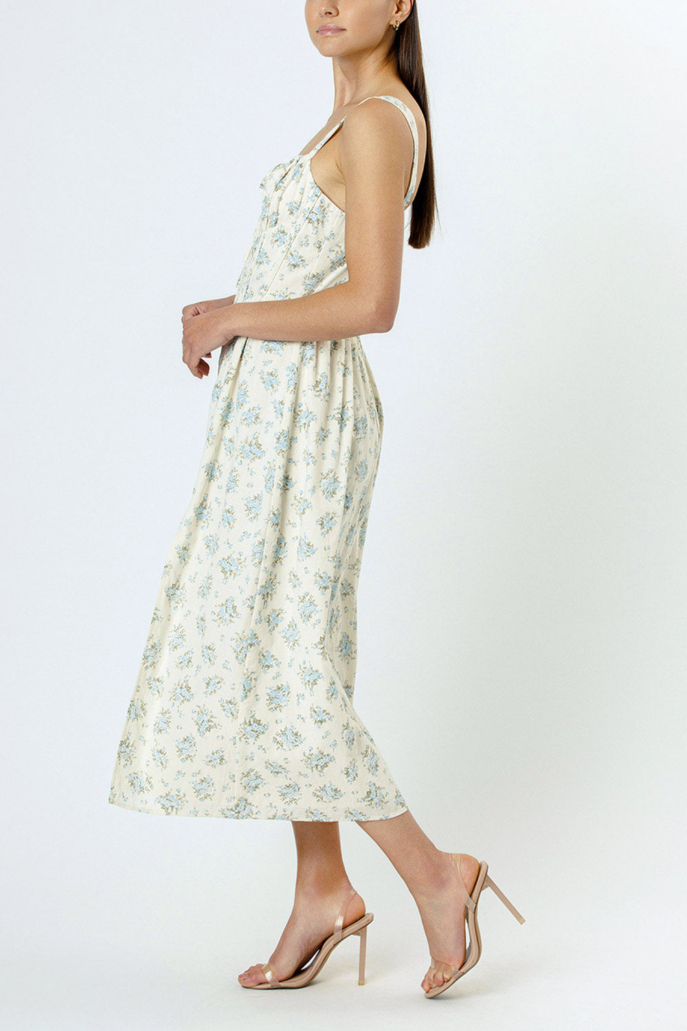 Chinaka Midi Floral Corset Dress with High Slit | Boutique 1861 model side 