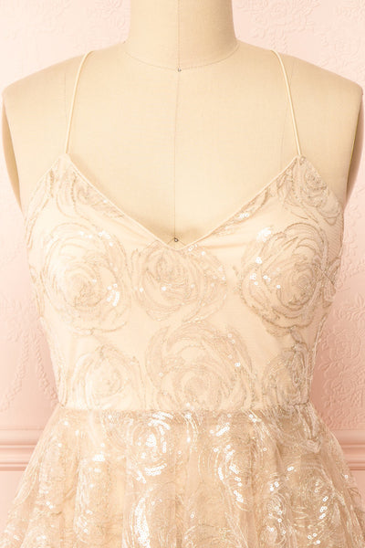 Chisa Beige Short Floral Dress w/ Sequins | Boutique 1861  front close-up