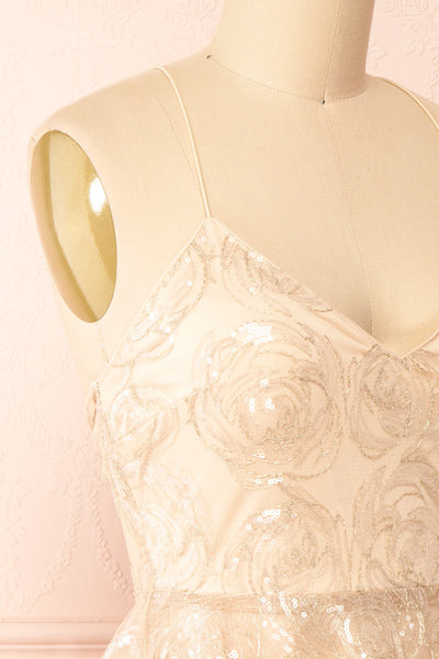 Chisa Beige Short Floral Dress w/ Sequins | Boutique 1861  side close-up