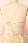 Chisa Beige Short Floral Dress w/ Sequins | Boutique 1861  back close-up