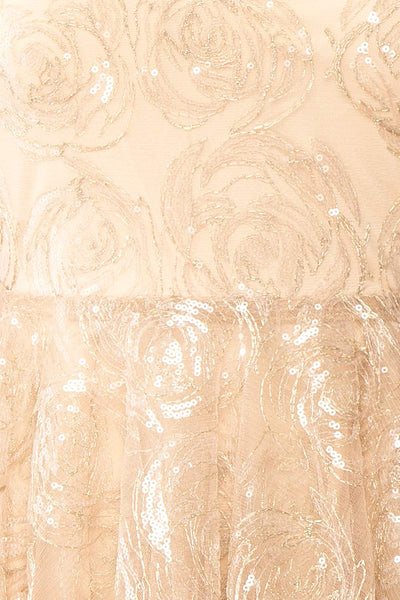Chisa Beige Short Floral Dress w/ Sequins | Boutique 1861 fabric