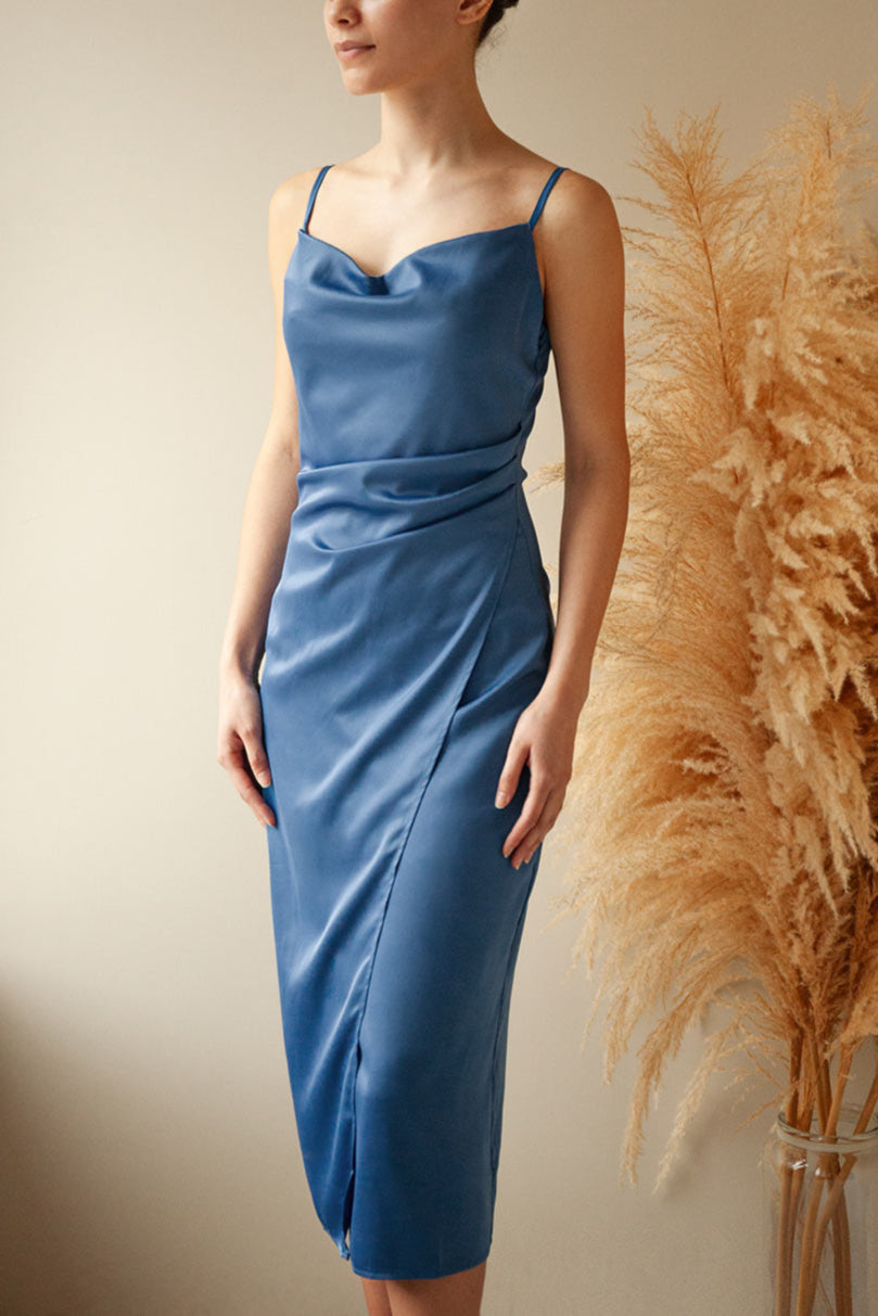 Chloe Blue Cowl Neck Satin Midi Slip Dress | Boutique 1861 model