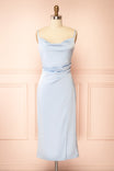 Chloe Light Blue Cowl Neck Satin Midi Slip Dress | Boutique 1861 front view