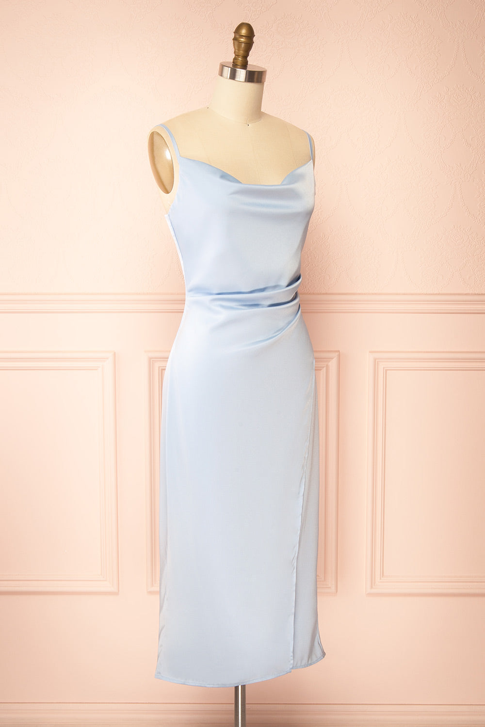 Chloe Light Blue Cowl Neck Satin Midi Slip Dress | Boutique 1861 side view