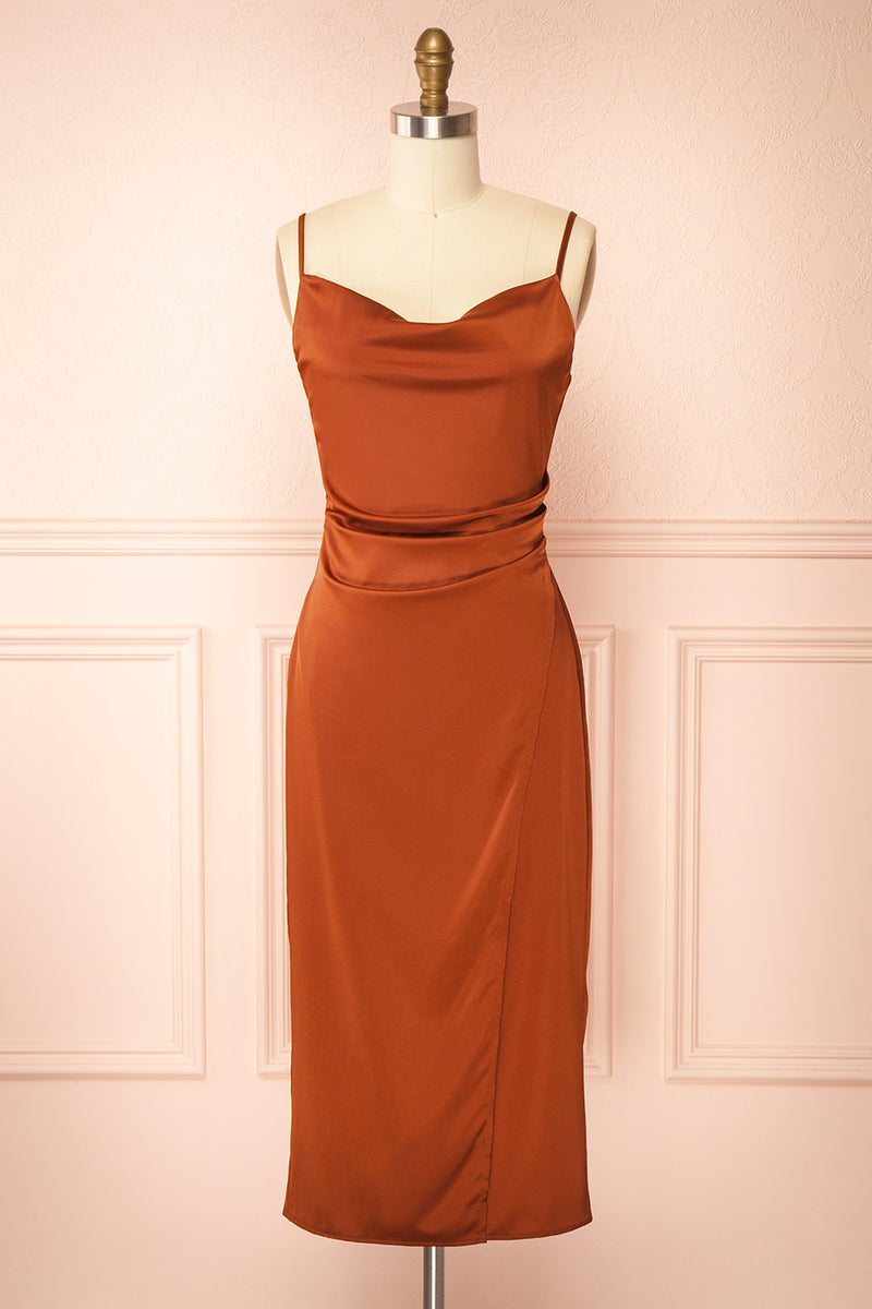 schiffer slip midi dress rust Chloe Rust Cowl Neck Silky Midi Slip Dress