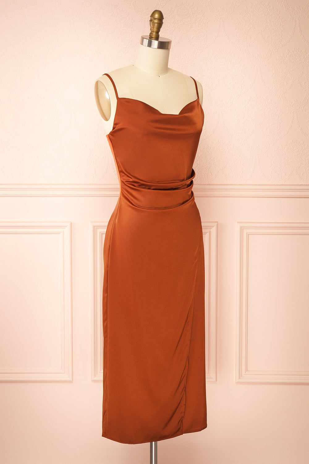 Chloe Rust Cowl Neck Silky Midi Slip Dress | Boutique 1861 side view