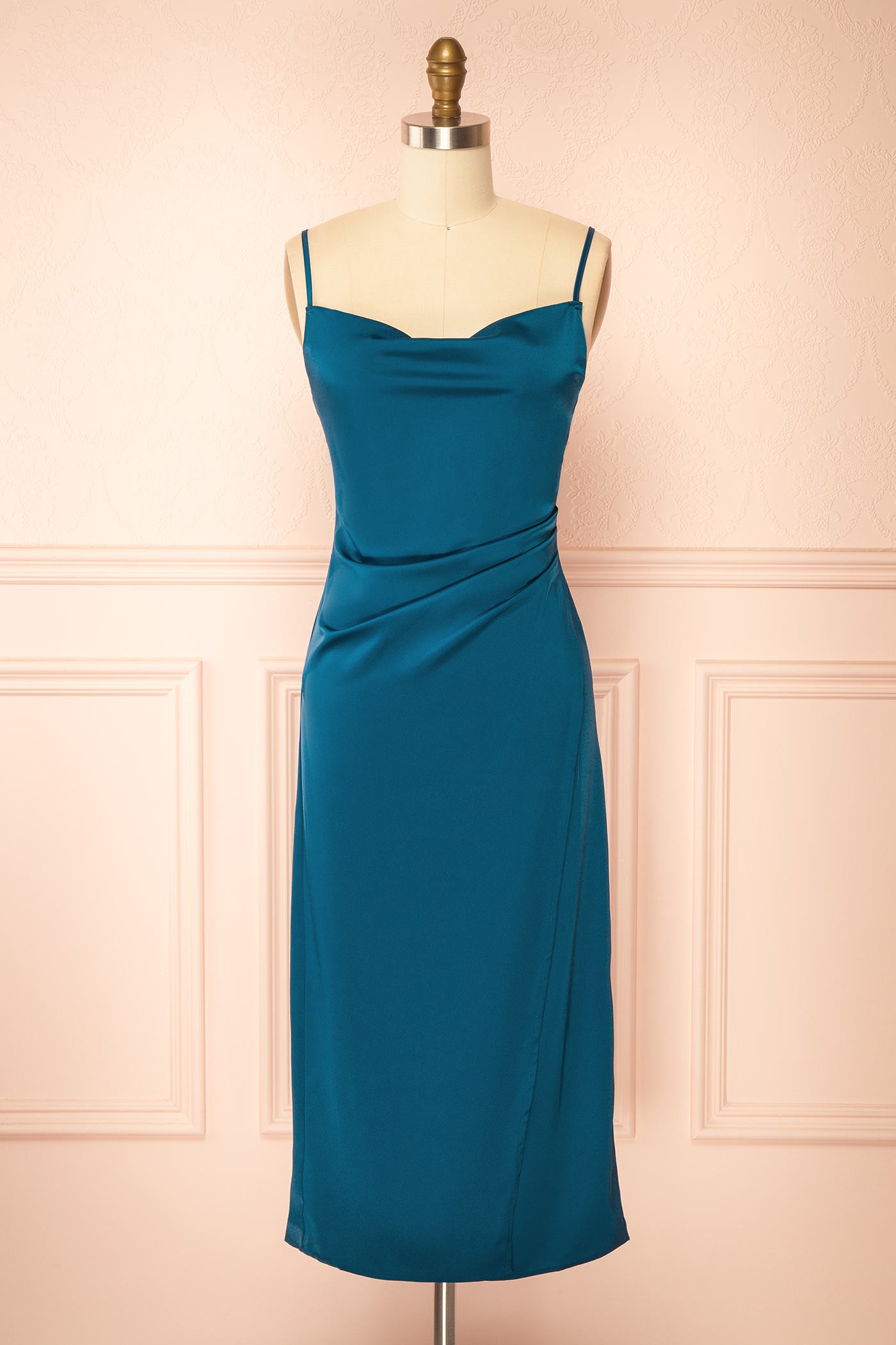 Chloe Teal Cowl Neck Satin Midi Slip Dress | Boutique 1861 front