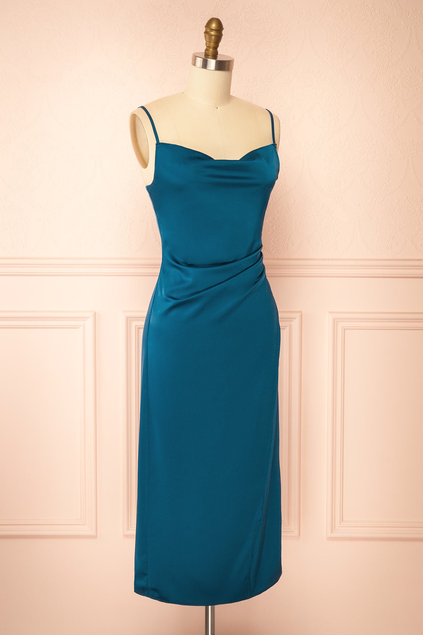 Chloe Teal Cowl Neck Satin Midi Slip Dress | Boutique 1861 side