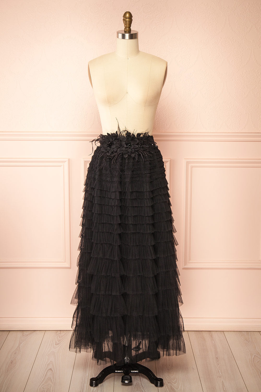 Christabel Black Ruffled Maxi Skirt with 3D Flowers | Boutique 1861 front view